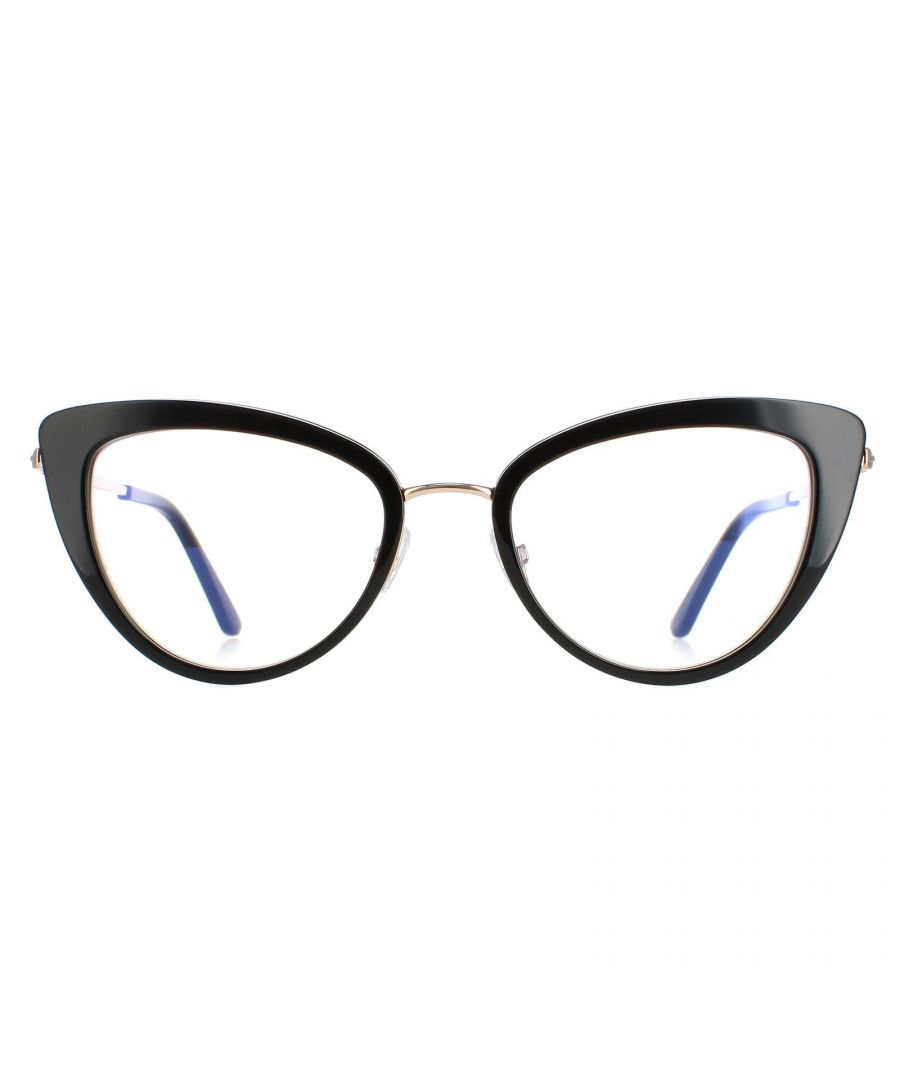 Tom Ford Cat Eye Womens Shiny Black FT5580-B  Glasses are a lovely cats eye style with a slim metal frame hugged by outer plastic rims. The smooth metal bridge and temples exude luxury on these stunning Tom Ford glasses. Blue Light blocking lenses give great protection against the glare from monitors, phones and tablets.