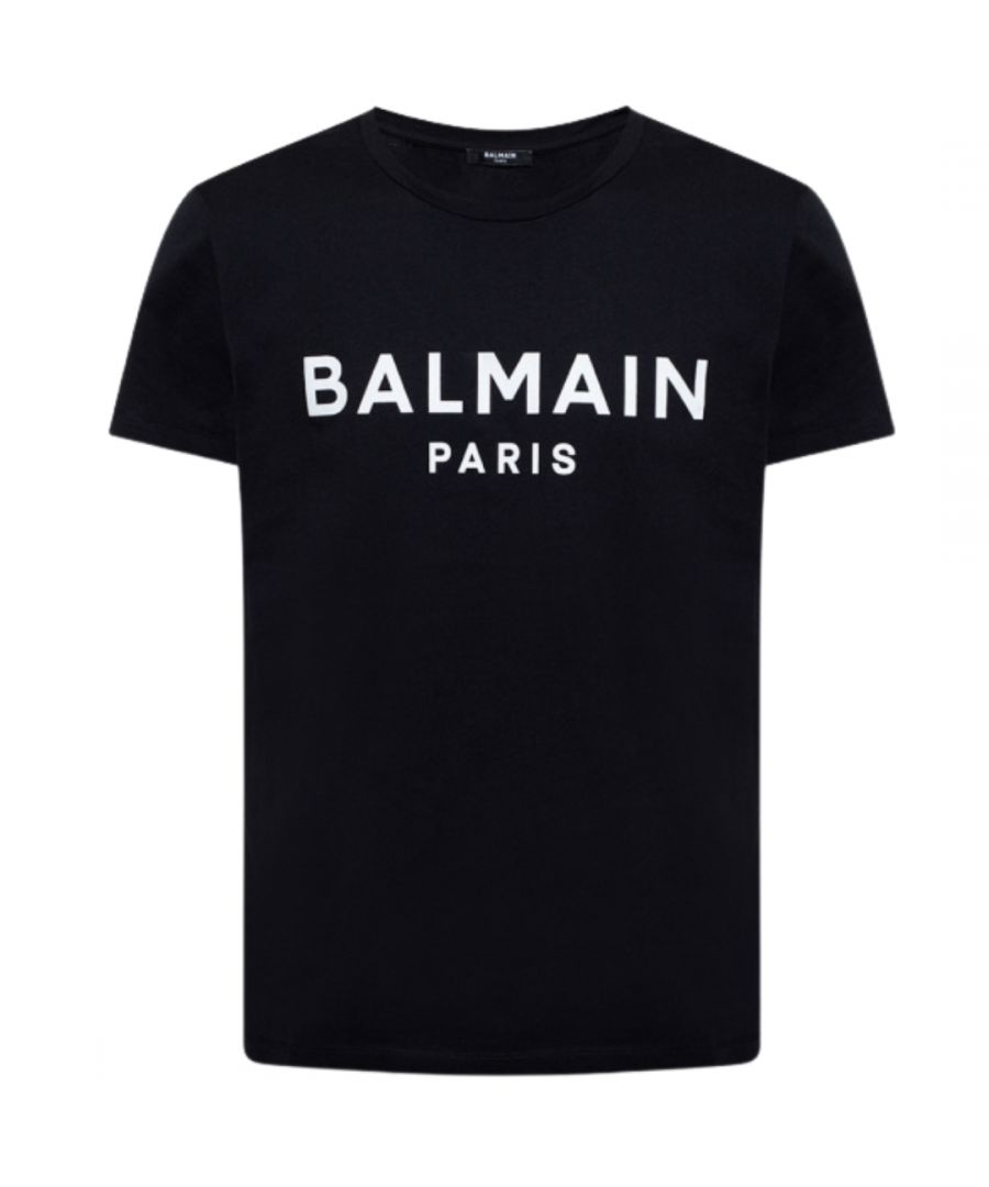 Zwart T-shirt met Balmain Paris-logoprint. Balmain zwart T-shirt. 100% katoen. Ronde hals. Logo op de voorkant. Stijl: XH1EF000 BB23 EAB