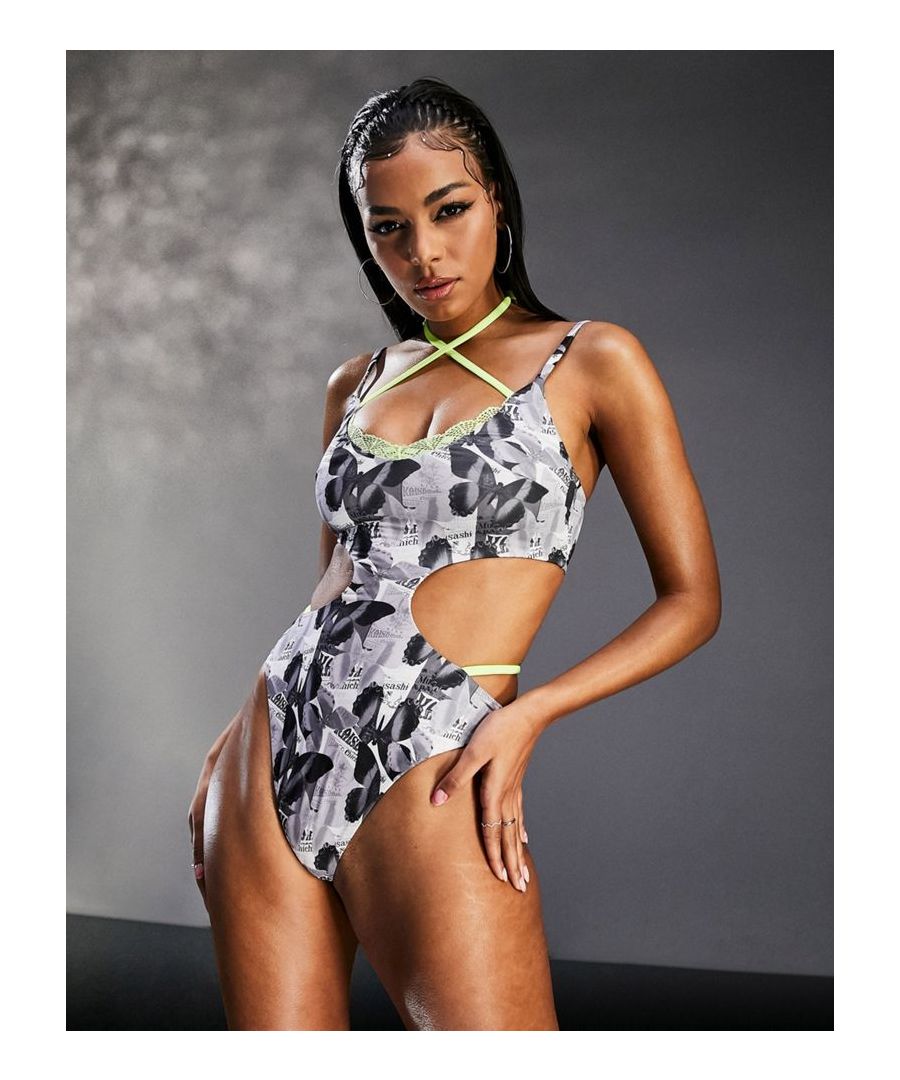Swimsuit by ASYOU Exclusive to ASOS Newspaper print Scoop neck Non-padded cups Cut-out details Lace trim High-leg style  Sold By: Asos