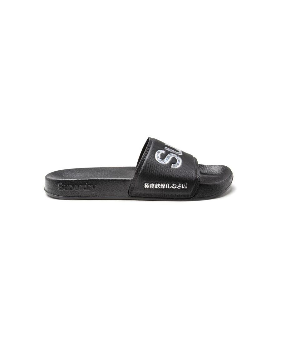 Superdry women's Holographic infill pool sliders. These sliders feature, an across the top foot strap and molded foot bed. Finished with an holographic Superdry logo on the foot strap and a Superdry branded sole.S - UK 3-4, EU 36-37, US 5-6M - UK 5-6, EU 38-39, US 7-8L - UK 7-8, EU 40-41, US 9-10