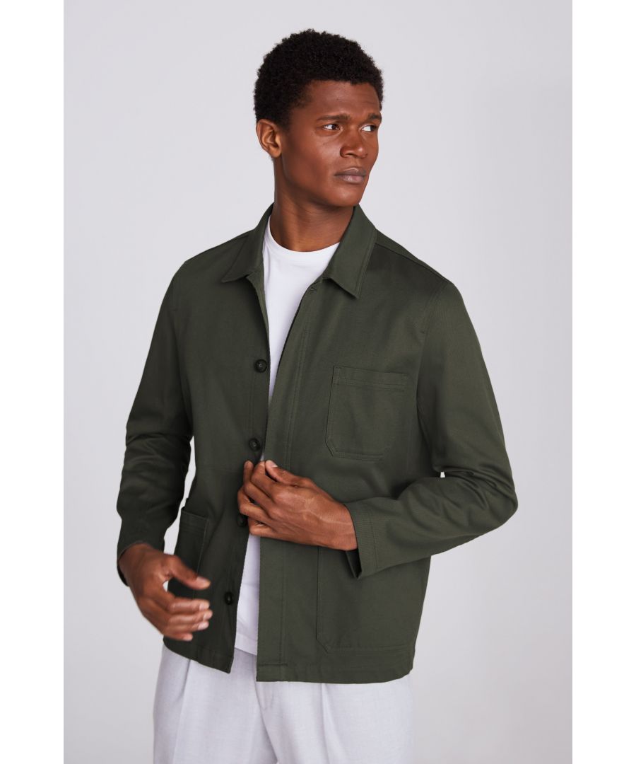 When you're moving into cooler weather, make sure your wardrobe's up to the task. Moss' green chore jacket is crafted in stretch cotton with a heavy twill weave for that workwear look you're after. Layer it over a [T-shirt] or [knitwear] for casual moments or choose it as a warming addition supplement to your weekday tailoring.