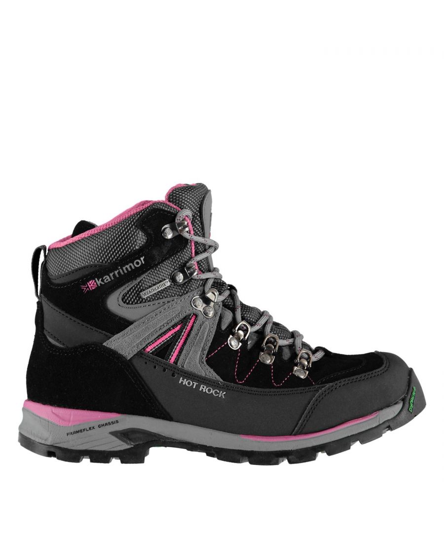 Karrimor Hot Rock Ladies Walking Boots The Karrimor Hot Rock Ladies Walking Boots are constructed with a stitched leather upper with textile panels, complete with Weathertite Extreme waterproof protection. These womens walking boots are complete with a thick padded finish to the high ankle collar, a cushioning FFC midsole and a DynaGrip outsole for excellent mobility. > Ladies walking boots > Lace up > Padded heel and ankle > Stitched leather upper > Textile panels > Weathertite Extreme waterproof / breathable > DynaGrip outsole > Karrimor logo > Leather/textile upper, textile inner, synthetic sole
