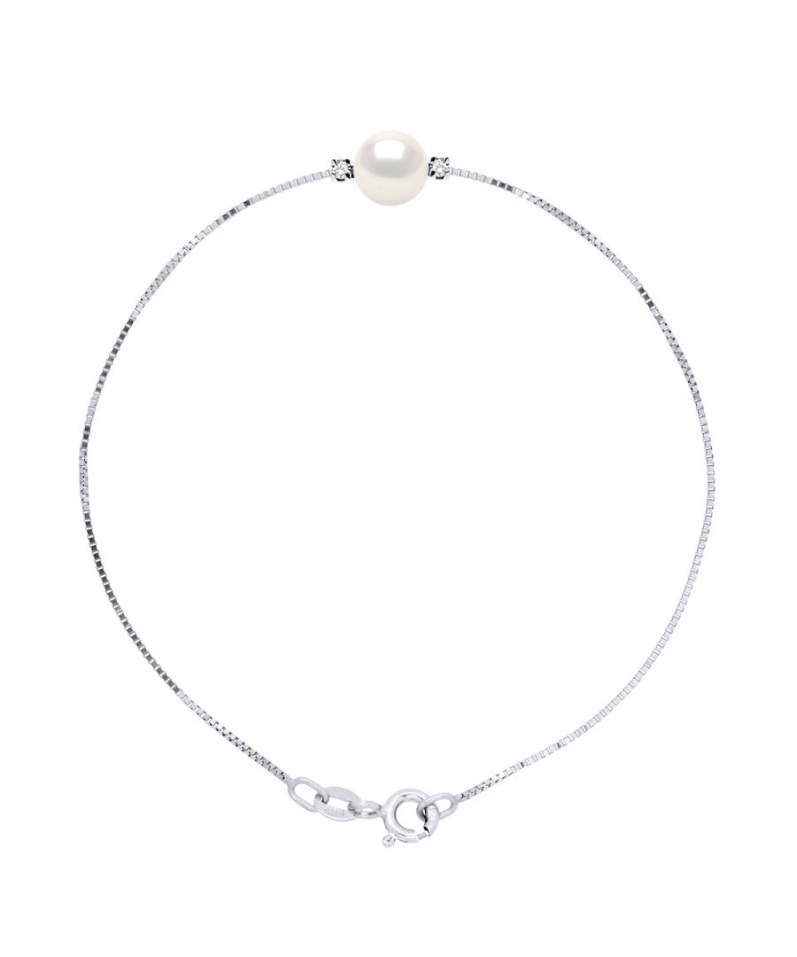 Bracelet Venetian stitch 925 Sterling Silver Rhodium-plated set with true Cultured Freshwater Round Pearl 8-9 mm surrounded by 2 true Diamonds 0,03 Cts -Length 18 cm, 7 in - Our jewellery is made in France and will be delivered in a gift box accompanied by a Certificate of Authenticity and International Warranty