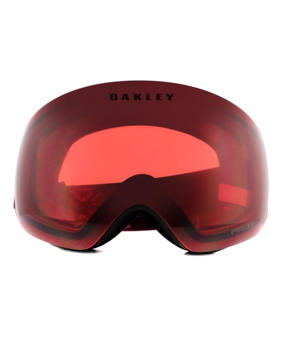 Oakley Ski Goggles Flight Deck XM OO7064-86 Prizm Icon Grenache Rubine Prizm Snow Rose are the latest innovation in ski goggles from Oakley with a large rimless lens design which gives an unbelievably good view in all directions. They feature a ridge lock lens sub-frame attachment to allow lenses to be changed quickly and easily and small frame notches under the strap anchors allow space for normal glasses. Support is given for better airflow and the sleek frame and outrigger design is comfortable and helmet compatible. This Flight Deck XM version is a more compact small to medium sized fit compared to the larger original Flight Deck