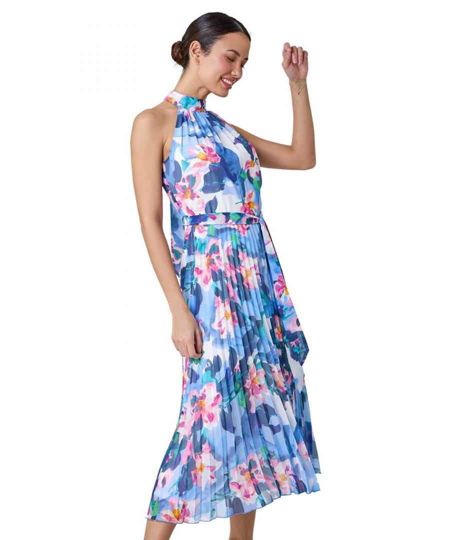 Roman Womens Floral Print Pleated Chiffon Midi Summer Dress - Blue - Size 14 UK - Secret Sales
