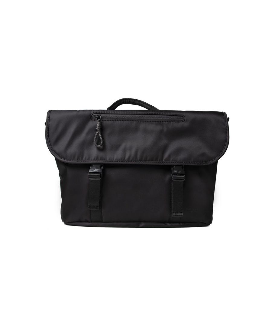 Mens black Ted Baker full zip shoulder bag, manufactured with polyester. Featuring: top zip closure, twin top handles, adjustable shoulder strap and height 30cm x width 45cm x depth 12cm.