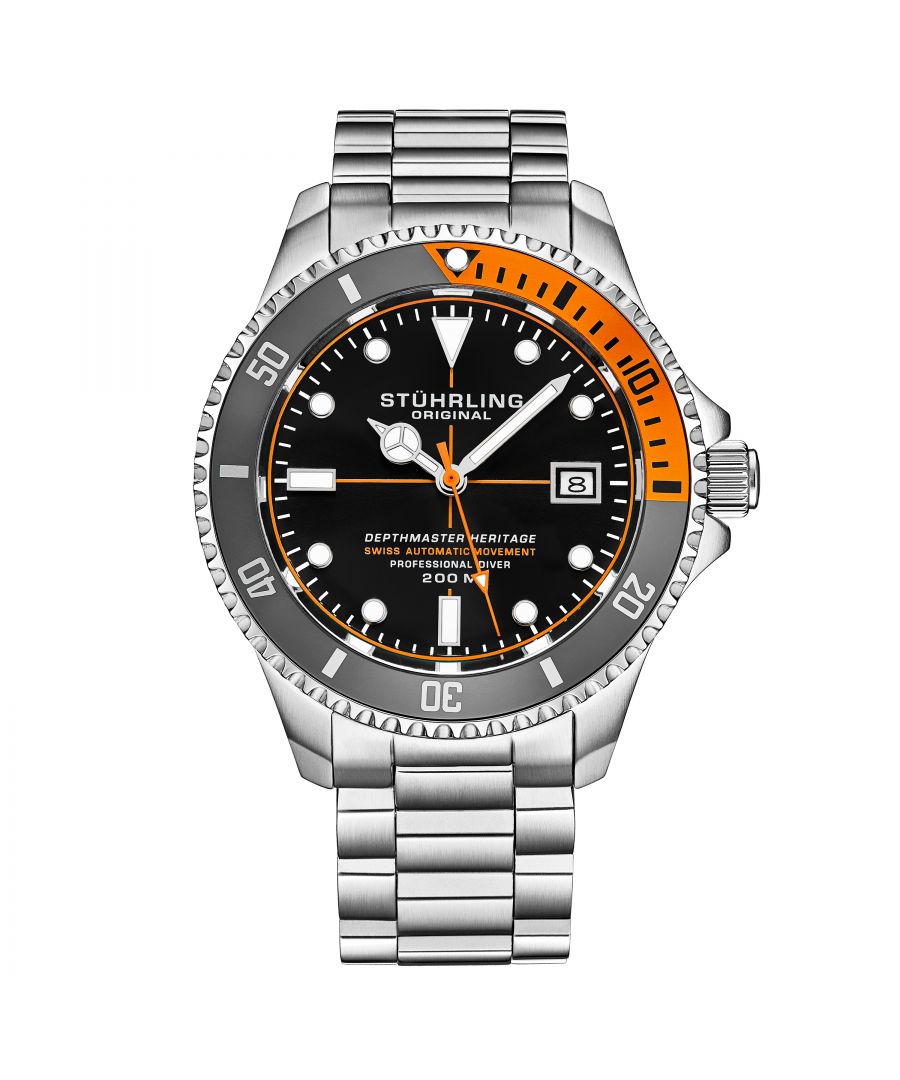 Men's Swiss Automatic Watch, Stainless Steel Case, Black Dial, Stainless Steel Bracelet, Exhibition Caseback, Thick Domed Crystal, 20ATM, Gray and Orange Bezel
