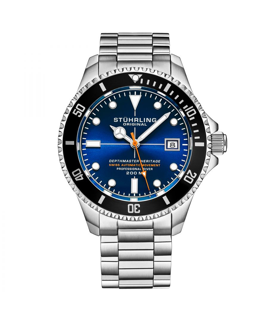 Men's Swiss Automatic Watch, Stainless Steel Case, Blue Dial, Black Bezel, Stainless Steel Bracelet, Exhibition Caseback, Thick Domed Crystal, 20ATM, Black Bezel