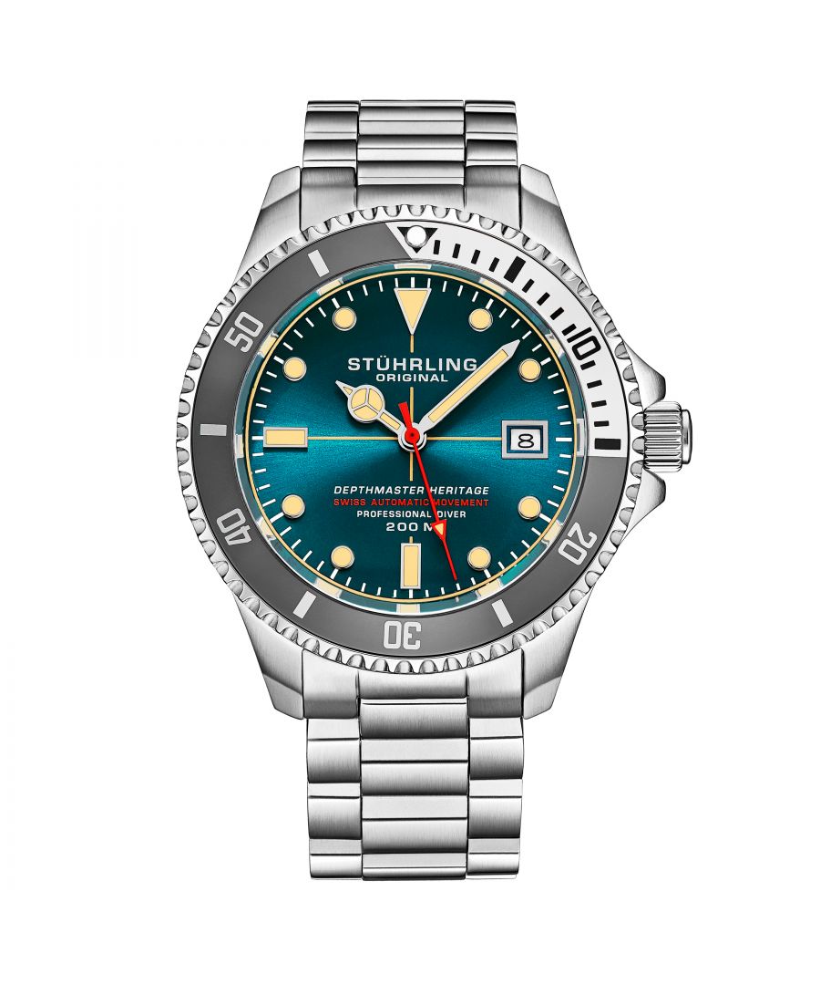 Men's Swiss Automatic Watch, Stainless Steel Case, Turquoise Dial, Stainless Steel Bracelet, Exhibition Caseback, Thick Domed Crystal, 20ATM, Gray Bezel