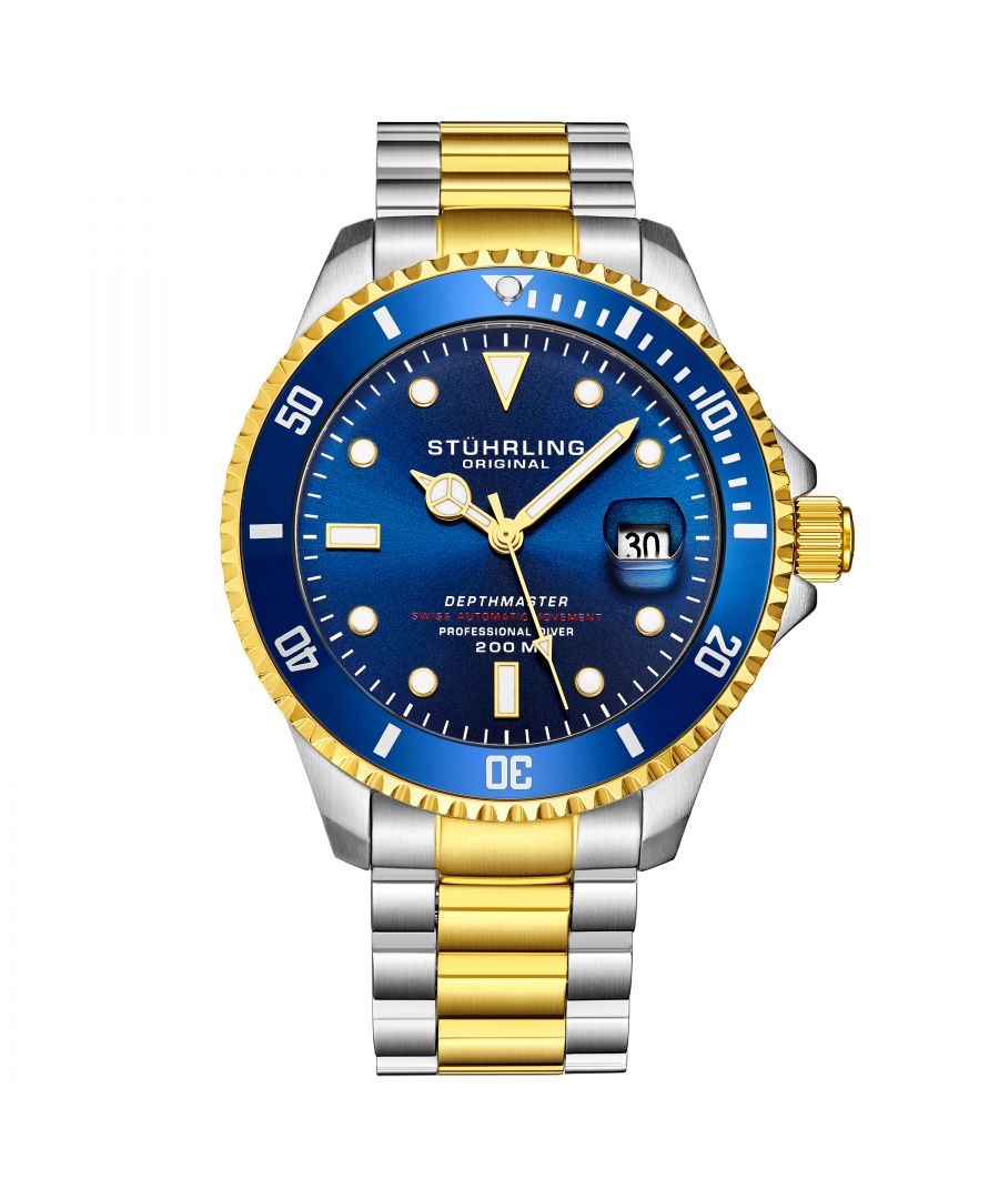 Men's Swiss Automatic Watch, Stainless Steel Case, Blue Dial, Gold/Silver toner Stainless Steel Bracelet