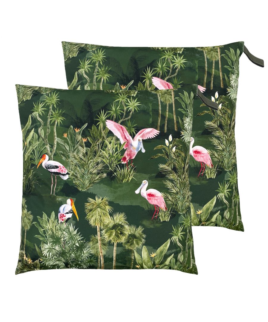 Make a statement with enchanting Platalea outdoor cushion. Featuring a scene of Spoonbills grazing in the jungle, available in two stunning colourways. Make the Platalea outdoor cushion the perfect finishing touch to your outdoor space.