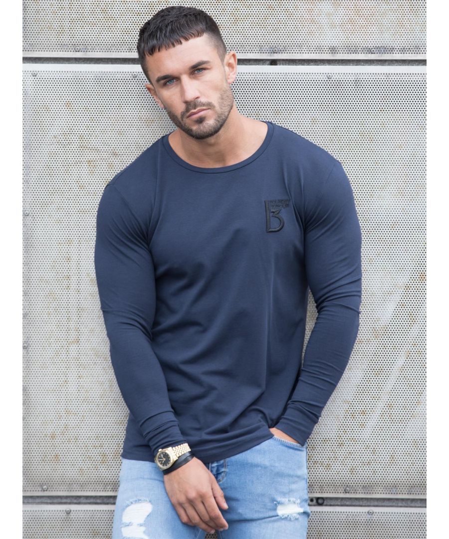 Mens Designer, Crew Neck, Long Sleeve T-Shirt, Muscle Fit, Curved Hem. Embroidery On Chest. Machine Washable.