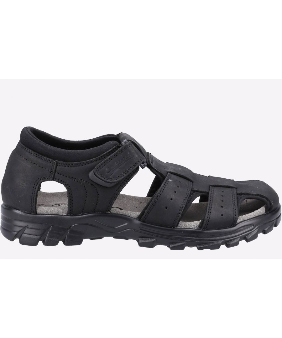 Men's touch fasten casual leather sandal with comfortable layered foam foot bed and lightweight, flexible, sporty outsole.\n- Men's four point fastening casual leather walking sandal- Adjustable touch fasten straps including heel strap- Deep foam layered padded foot bed- Lightweight and flexible sporty TPR sole unit