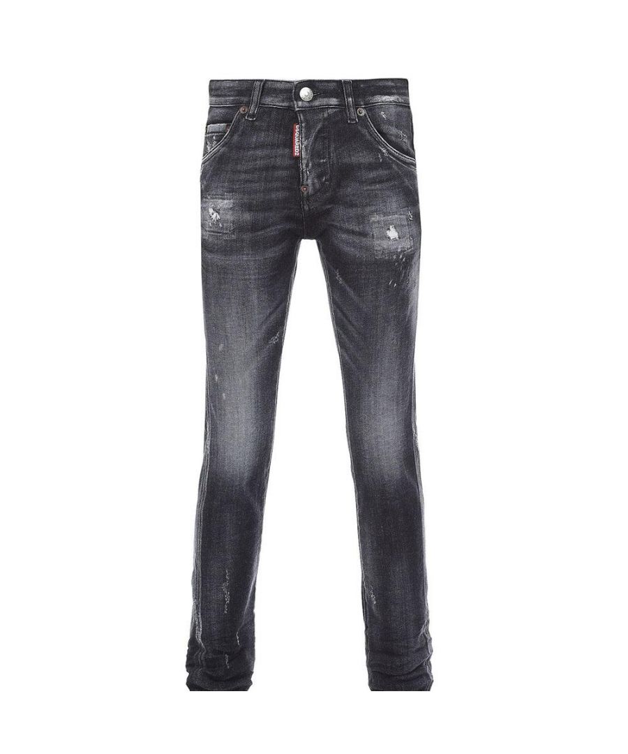 These Kids Black distressed finish slim fit jeans are crafted from cotton and feature belt loops, front button and zip fastening and a slim cut.\n\nblack\ncotton\ndistressed finish\nbelt loops\nfront button and zip fastening\nslim cut