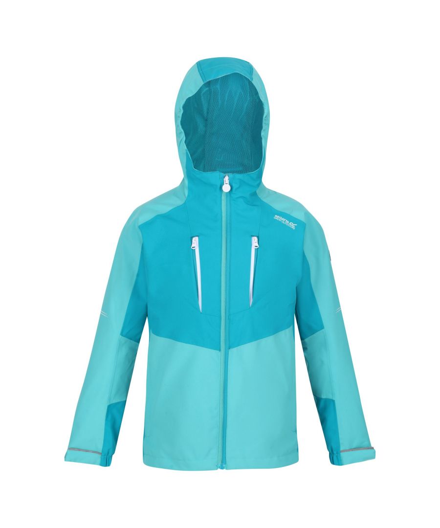 Material: 100% Polyester. Fabric: Stretch. Design: Colour Block, Logo. Badge, Reflective Trim, Taped Seams. Fabric Technology: Breathable, Isotex 10000, Waterproof. Cuff: Adjustable Wrist Strap. Neckline: Hooded. Sleeve-Type: Long-Sleeved. Hood Features: Grown On Hood. Pockets: 2 Chest Pockets, Zip, 2 Side Pockets. Fastening: Front Zip. Hem: Adjustable, Shockcord Hem.