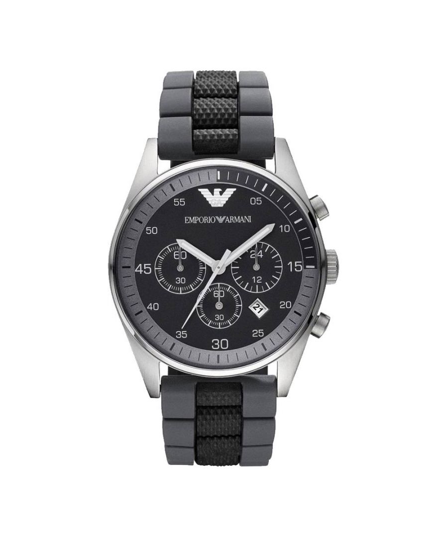 PRODUCT INFO\t\t\tCase Diameter: 40mm\tCase Material: Stainless Steel\t\t\tWater Resistant: 50 Metres\tMovement: Quartz (Battery)\tDial Colour: Black\t\t\tStrap Material: Rubber\tClasp Type: Push Button Deployment\t\t\tGender: Male\tDESCRIPTION\t\t\t\t\tMen's Emporio Armani stylish designer watch. This watch is complete with a date window, three chronograph sub dials and a Japanese Quartz movement. \t\t\t\t\t\t\t\t \tFREE Home Delivery - Including Next Day Service* \tWe offer free bracelet adjustment service on this product. Please contact customer services\t\t\tAvailable for gift wrap \tReturns policy