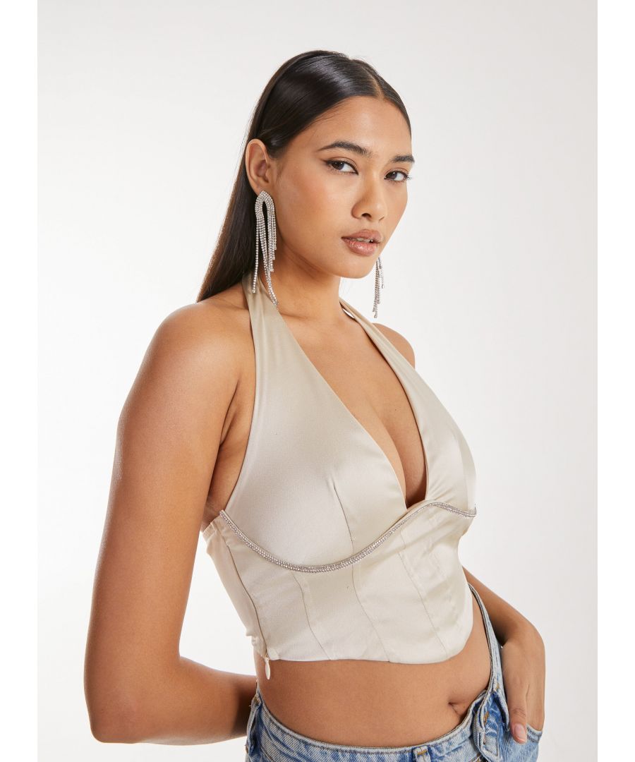 Pink Vanilla Womens Diamante Halter Neck Top - Champagne - Size 10 UK