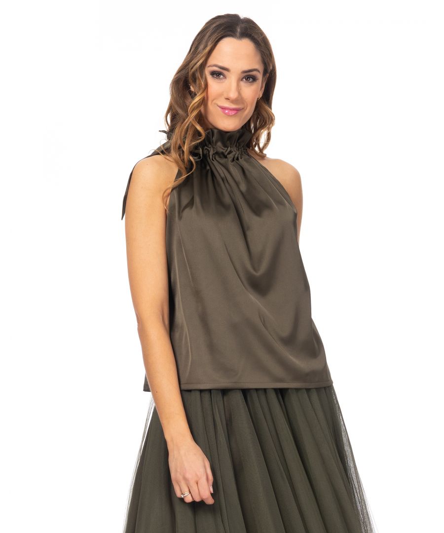 Sleeveless satin top with adjustable neck and bow