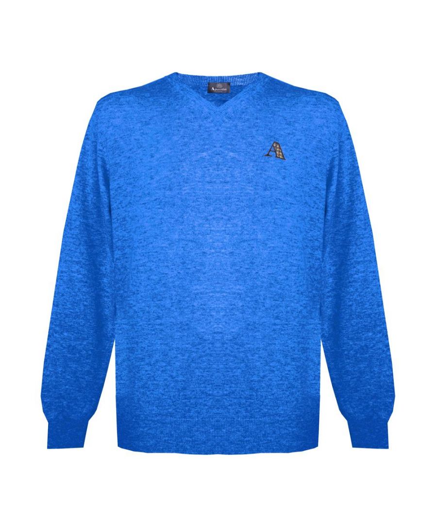 Aquascutum Mens Long Sleeved/V-Neck Knitwear Jumper with Logo in Bright Blue