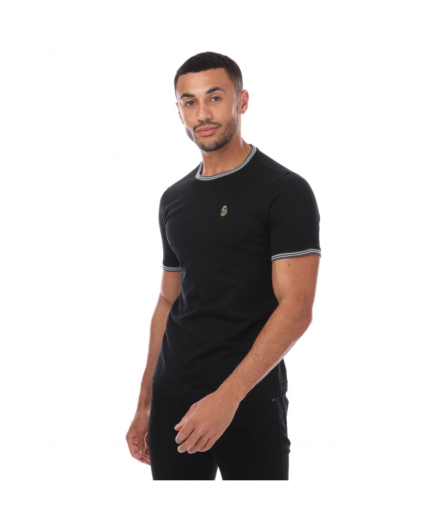 Mens Luke 1977 Looper Tipped Crew T- Shirt in black grey.- Crew neck.- Short sleeves.- Contrast tipping on collar and cuffs.- Iconic LUKE BLACK  GOLD  RED lion head embroidery.- Iconic LUKE tri-colour trim tape.- Straight split hem.- 100% Cotton. - Ref: M440106BC