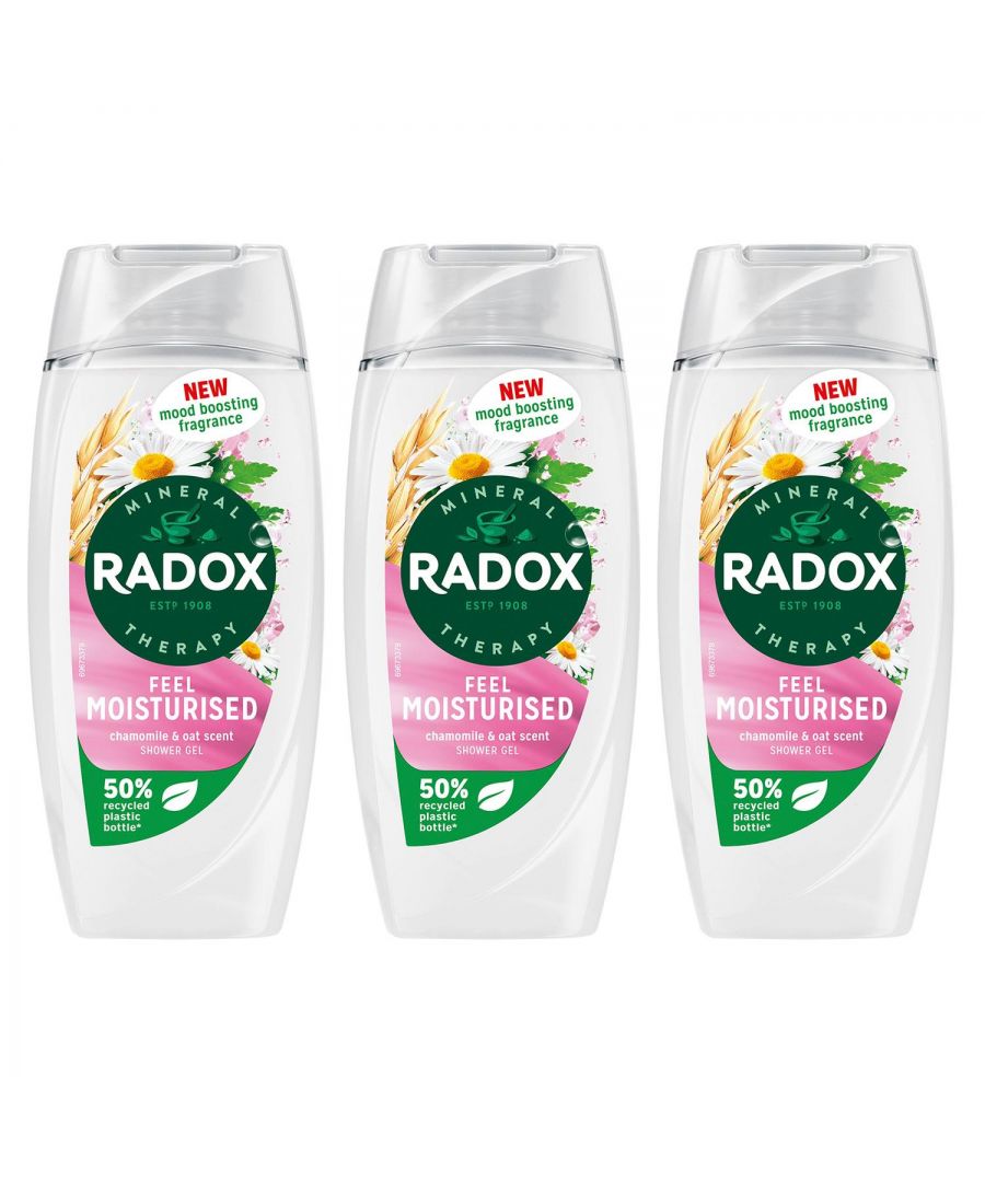 RADOX Mineral Therapy Feel Moisturised Shower Gel's mood-boosting fragrance combines the blissful scent of chamomile with the subtle sweetness of oats to help you unwind in a soothing shower experience. This moisturizing shower gel features our unique blend of 4 minerals and 13 herbs, which activates with hot water to transform your shower into a mineral therapy ritual. Suitable for daily use, our body wash rinses off easily, leaving your skin feeling fresh, clean, and moisturized.\n\nRADOX Mineral Therapy Feel Moisturised Shower Gel provides a soothing shower experience and moisturizes your skin. Our moisturizing shower gel is made with a unique blend of minerals and herbs which activates with hot water to cleanse and refresh you. Make your skin feel calm and restored with RADOX Feel Moisturised Shower Gel, infused with a new mood-boosting chamomile and oat fragrance. Our body wash is suitable for daily use – simply squeeze it out, lather on the body, and indulge in a moisturizing shower experience. This skin cleanser is pH neutral and suitable for all skin types.RADOX shower gels come in 50% recycled (excluding cap & label), 100% recyclable, and 100% refillable bottles.\n\nHow to use: Apply when showering or bathing. Apply to the skin all over your body and then wash off with hot water. Suitable for everyday use.\n\nSafety Warning: Avoid contact with eyes. In case of contact with the eyes, rinse thoroughly with water.\n\nBox Contains 3x Radox Mineral Therapy Shower Gel Feel Moisturised, 225ml.