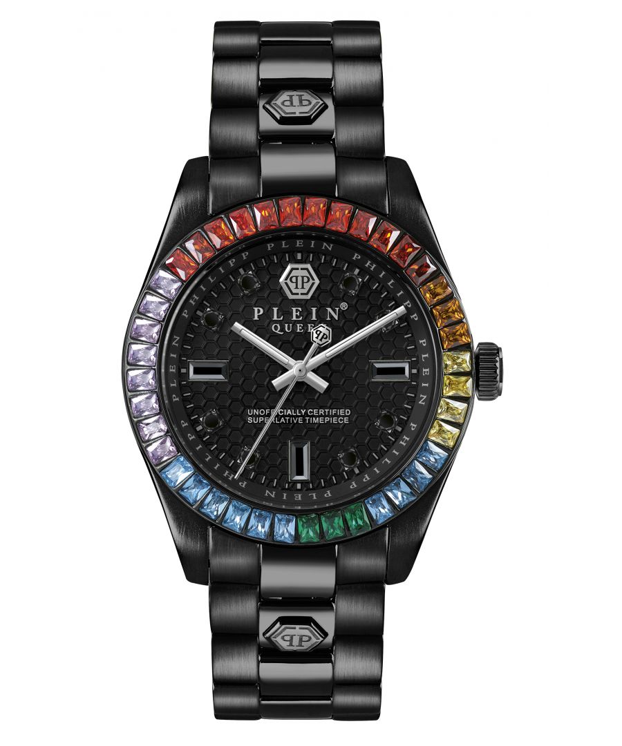 This Philipp Plein Queen Analogue Watch for Women is the perfect timepiece to wear or to gift. It's Black 36 mm Round case combined with the comfortable Black Stainless steel watch band will ensure you enjoy this stunning timepiece without any compromise. Operated by a high quality Quartz movement and water resistant to 5 bars, your watch will keep ticking. Feeling like a Queen is all woman's dream.\nPhilipp Plein is provocative, the timepiece wants to enhance the beauty of a woman who wears this watch -The watch has a function: Luminous Hands High quality 19 cm length and 18 mm width Black Stainless steel strap with a Deployment clasp Case diameter: 36 mm,case thickness: 12 mm, case colour: Black and dial colour: Black