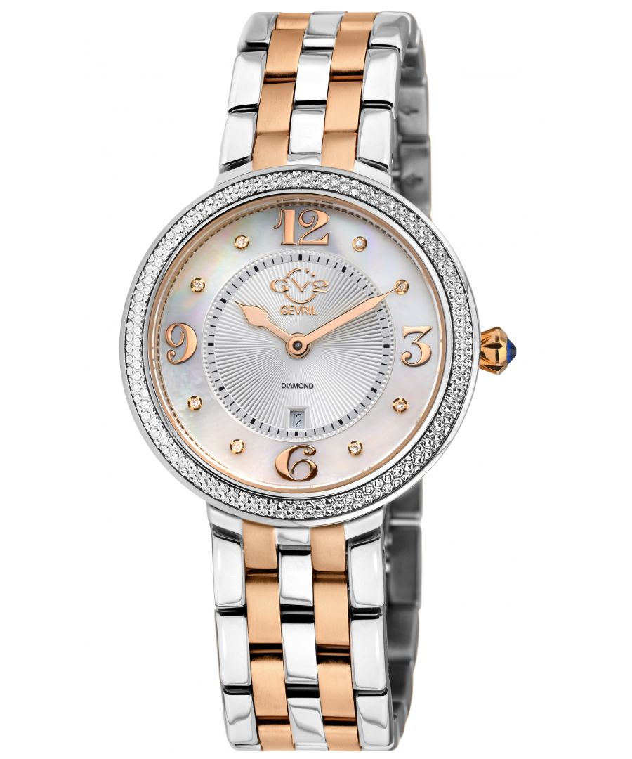Crafted of a long, rich history and dazzling with its subtle charm, GV2’s Verona Collection is the best of what a women’s watch can be. A soft, powerful touch that delights the eye, the Verona Collection is for the romantic inside all of us.  Like the quaint town in Northern Italy, Verona timepieces stand the test of time using Swiss Quartz Movement. Brilliantly radiant while understated and restrained, the elegant design features curly, script numbering on the 3,6,9 and 12 markers adding soft touches over powerful fabrication. The 37mm diamond cut bezel contains a mother of pearl face with 8 stunning diamonds on the dial protected by anti-reflective sapphire crystal completing a design that would inspire Shakespeare.  In fair Verona, while romance leads, the construction harkens to an ancient past that is decidedly modern. Adorned with a push pull fluted crown in blue Cabochon stone, a nod to the city by the river, each Verona watch is secured with a braided bracelet and deployment buckle befitting ancient Roman ruins and stunning Medieval Architecture.  Whether strolling through the piazza, taking in an opera at the amphitheater or sightseeing through the mini coliseum, GV2’s fair Verona Collection inspires love at first sight.\n\nGV2 12904B Women's Verona Swiss Diamond Watch\n\nGV2 Women's Swiss Quartz Watch from the Verona Collection\n37mm Two toned SS/IPRG Diamond Cut Bezel Case\n8 Diamonds on White MOP Dial, Rose Indices\nPush Pull Fluted Crown with Blue Cabochon Stone\nTwo-Toned SS IP Rose Gold Bracelet with Deployment Buckle\nAnti-reflective Sapphire Crystal\nWater Resistant to 50 Meters/5ATM\nSwiss Quartz Movement Ronda 784