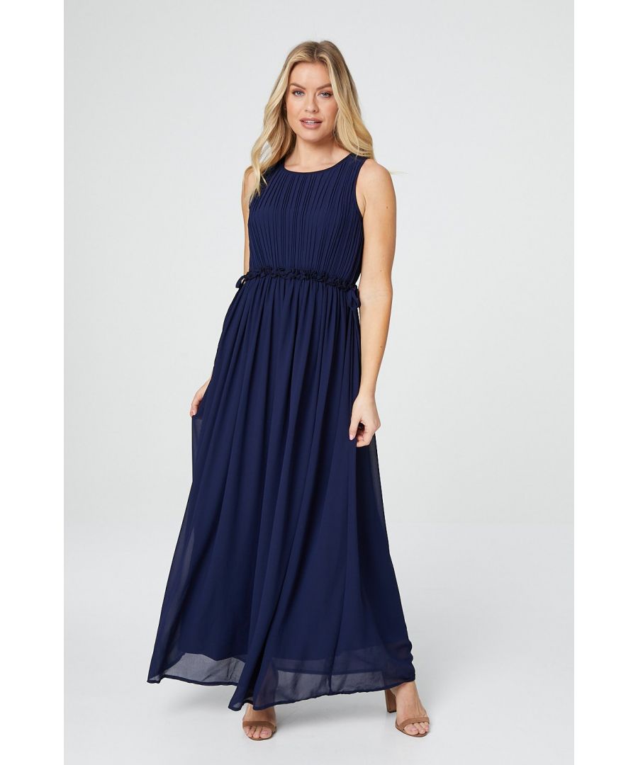 Be ready for any occasion with this ruched maxi dress. Featuring a round neck, ruched bodice and cinched waist, in a sleeveless style. Wear with strappy heels and a clutch to stand out in style.