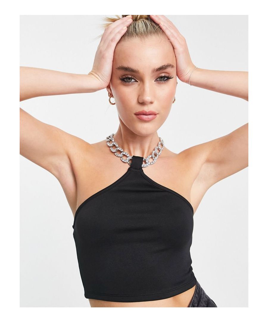 Top by Miss Selfridge Your better half Halterneck style Chain detail Diamante embellishment Cropped length Slim fit Sold by Asos