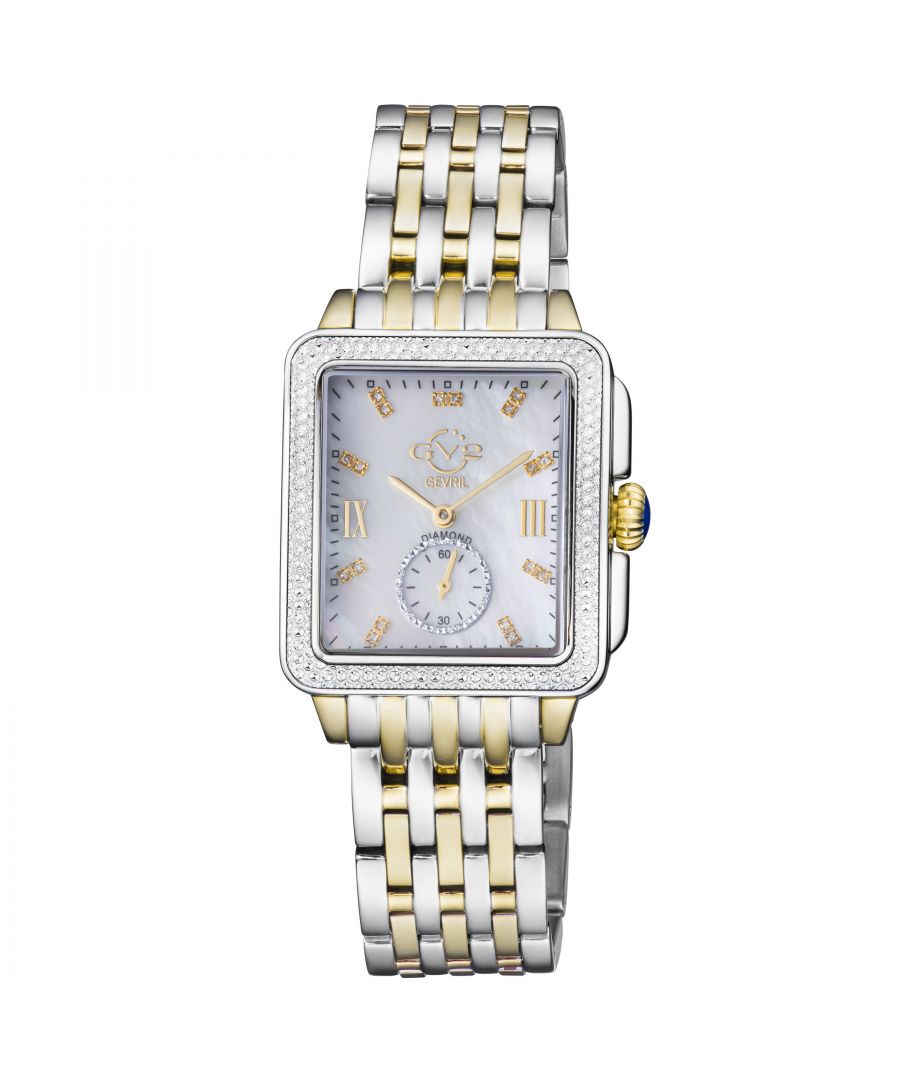 The picturesque city of bari italy provided the inspiration for the popular ladies gv2 bari collection known throughout the world as the city of st nicholas, it is no surprise that the historic town would continue to inspire the designers.\nThe new line extension retains the bari’s sophisticated rectangular mother-of-pearl dial embellished with eighteen glittering diamonds indices; adding a well placed sixty-second sub dial. This bari collection has been fitted with a beautiful pumpkin shape crown topped with a diamond cut bezel case.  gv2 9255b women's bari swiss quartz diamond watch\n\ngv2 women's swiss watch from the bari collection\n37mm square silver diamond cut bezel case/ push pull crown\nwhite mop dial with 18 diamonds single cut g/h color\nsecond hand sub dial\ntwo toned ss ipyg bracelet with deployment buckle\nanti-reflective sapphire crystal\nwater resistant to 50 meters/5atm\nswiss quartz movement ronda 1069