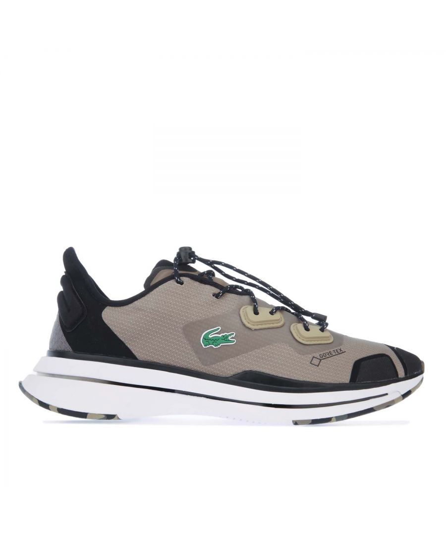 Mens Lacoste Run Spin Ultra GTX Trainers in khaki.- Textured woven uppers.- Lace fastening featuring a black drawcord detail and two beige rubberised eyelets.- Gore Tex logo printed.- Black heel panel features padded woven detail.- Padded beige tongue with the signature Lacoste text logo.- Reflective detailing.- Signature Lacoste Crocodile logo rubberised on the outstep.- Grooved gradient detail.- Gore Tex technology.- Lightweight  breathable and water resistant.- Rubber outsole.- Textile upper  Synthetic lining and sole.- Ref: 742SMA00745E5