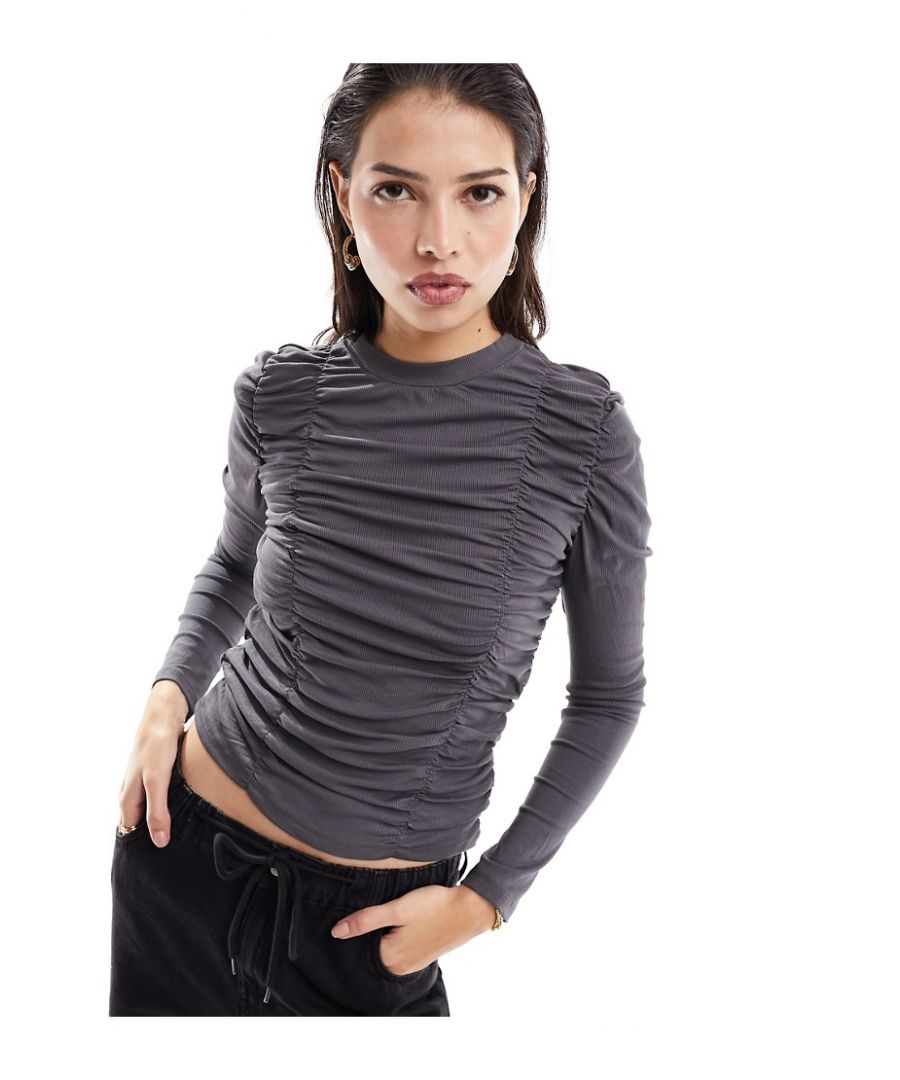 OBJECT Womens high neck ruched long sleeve jersey top in grey - Size X-Small