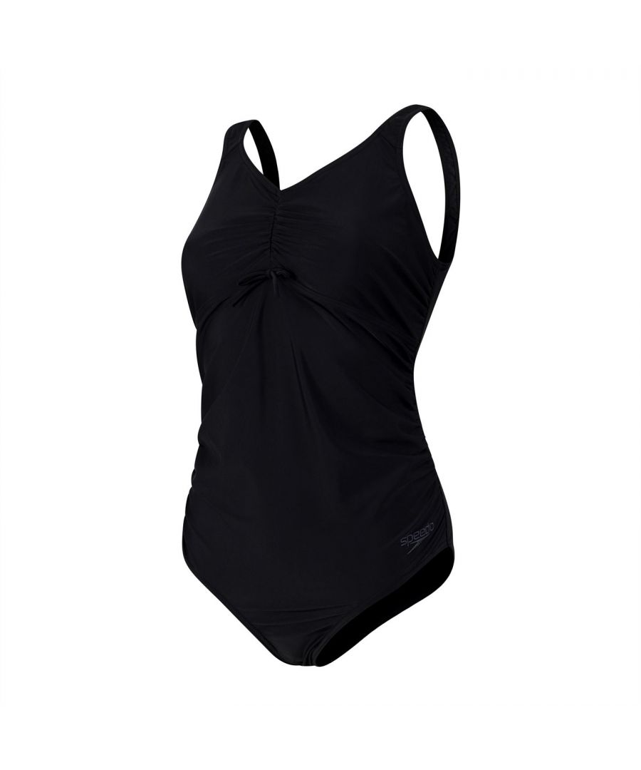 For expectant mothers who love to be in and around the water. Our maternity suit supports both your bust and bump, helping you to enjoy your swim in comfort. The u-back design makes it easy to pull on and take off, while the low cut leg gives you extra coverage. Our Endurance10 fabric contains Creora HighClo, ensuring your suit will fit like new for longer. It's soft and stretchy, so you can enjoy your swim without feeling restricted. In classic black this maternity suit offers a timeless swim style you know you can rely on. Features & Benefits - Light bust support - a comfortable elastic underband keeps your bust in place- U back design - helps make it easy when putting on or taking off your swimsuit- Low leg - provides extra coverage, Higher chlorine resistance than standard swimwear fabrics - fits like new for longer with CREORA® HighClo™- Shape retention - fabric stretches so you can enjoy your swim without feeling restricted- Endurance 10, 80% Polyamide 20% Elastane (Creora HighClo) > Back Type: Scoopback > Length: Regular > Sleeve Length: Short Sleeve > Material: Polyester > Material Technology: Endurance 10 > Chlorine Resistant: Yes > Care Instructions: Machine Washable, Follow Care Instructions