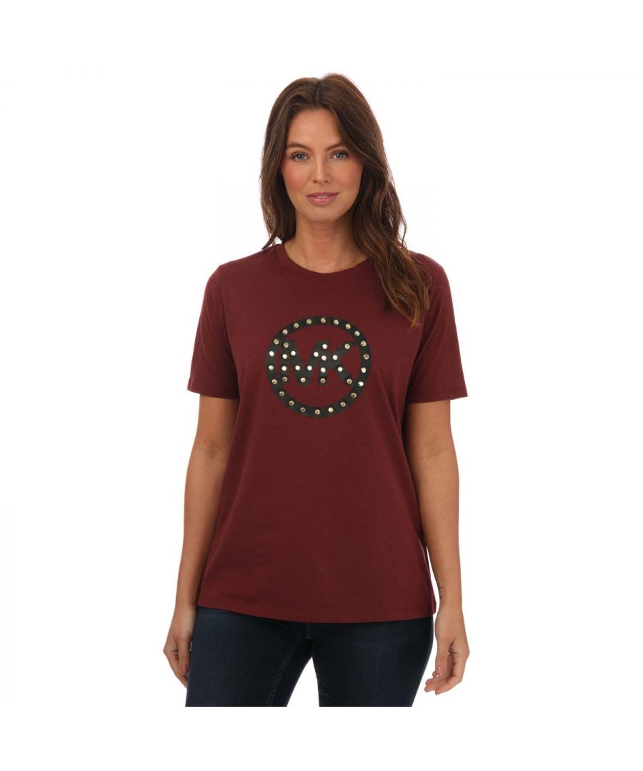 Womens Michael Kors Studded Logo T- Shirt in berry.- Crew neck.- Short sleeves.- Embellished with a studded circular logo.- Slim fit.- 100% Cotton.- Ref: MF150FR97J