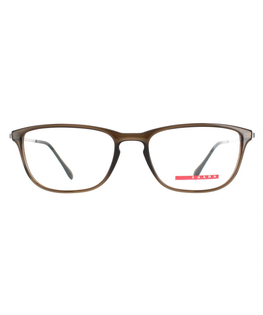 Prada Sport Rectangle Mens Bruine PS05IV -bril zijn een rechthoekige stijl gemaakt van lichtgewicht acetaat. Het Prada -logo is voorzien van de slanke tempels voor merkauthenticiteit.