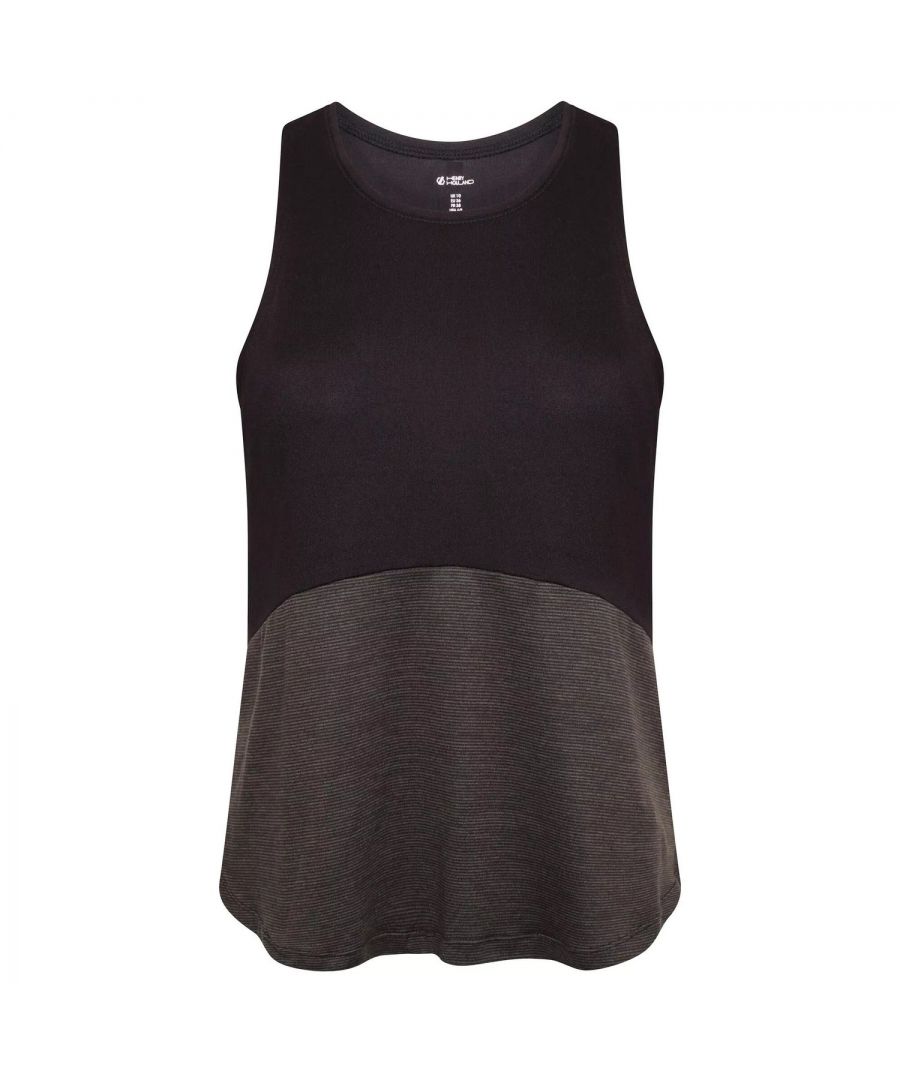 Material: Elastane, Polyamide, Polyester. Design: Contrast, Logo. Hem: Adjustable, Shockcord Hem. Back Style: Racerback. Neckline: Scoop. Sleeve-Type: Sleeveless. Fabric Technology: Anti-Odour, Breathable, Lightweight, Moisture Wicking, Q-Wic Plus. Mesh Panels. Sustainability: Made from Recycled Materials.
