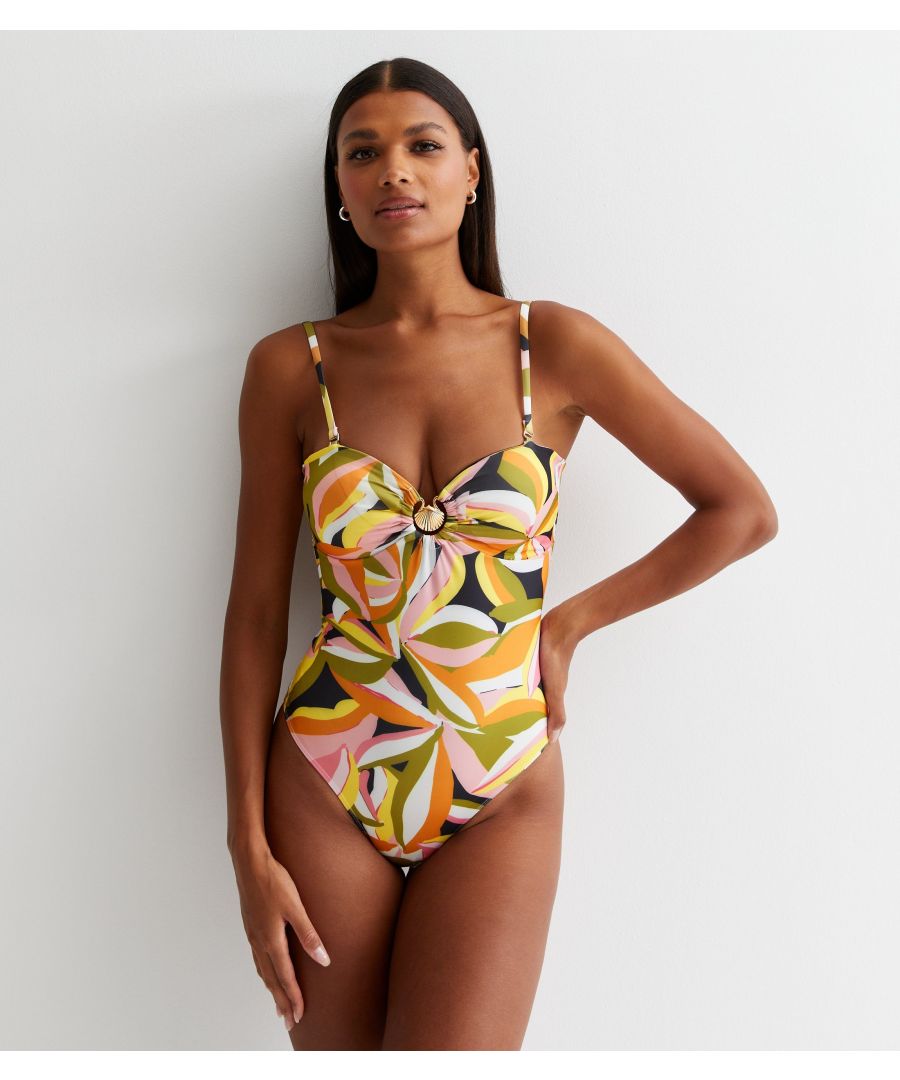 Gini London Womens Tropical Palm Swimsuit with Gold Shell Hardware - Multicolour - Size 8 UK