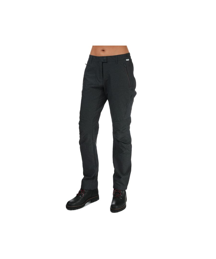 Womens Regatta Highton Stretch Walking Trousers in grey marl.<BR><BR>- Part elasticated waist.<BR>- Multi pocketed with zipped side pockets.<BR>- Available in Short  Regular and Long leg lengths.<BR>- ISOFLEX - Active stretch fabric.<BR>- Durable water repellent finish.<BR>- UV Protection (UPF) of 40+.<BR>- Main Fabric: 67% Polyamide  27% Polyester  6% Elastane. Pockets: 100% Polyester.<BR>- Ref: RWJ217R4ZQ