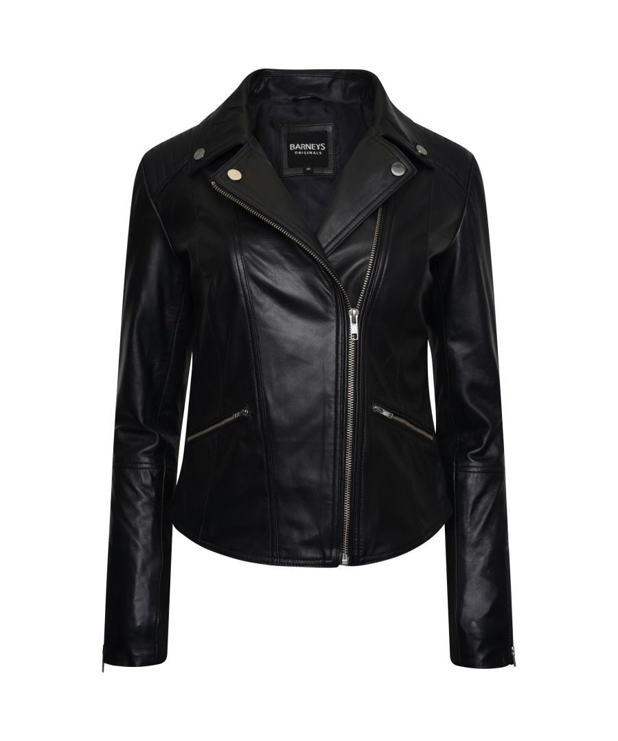 Update your wardrobe with a timeless leather jacket from Barneys Originals. This classic design features all the hallmarks of a classic leather biker jacket; asymmetric zip, silver hardware, ribbed shoulders. Are you ready to show off your stylish streak?