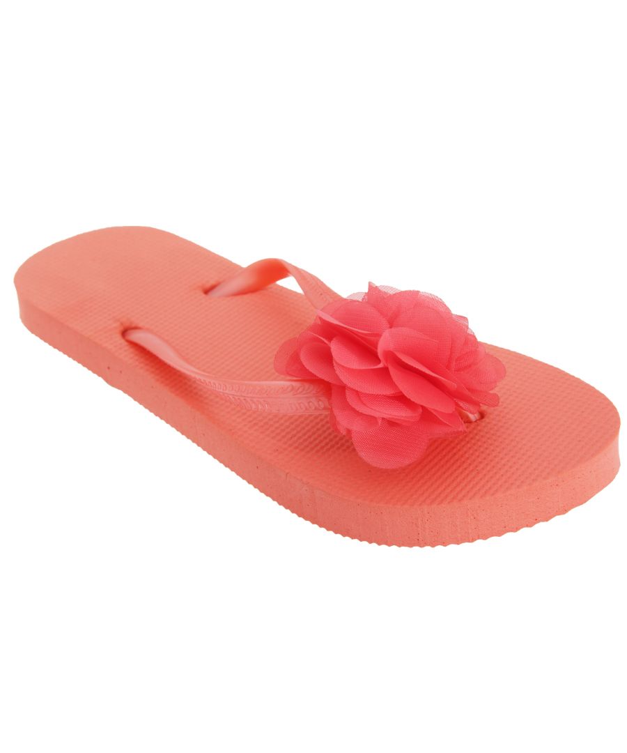 Image for FLOSO Womens/Ladies Plain Toe Post Flip Flops With 3D Flower Detail (Coral)