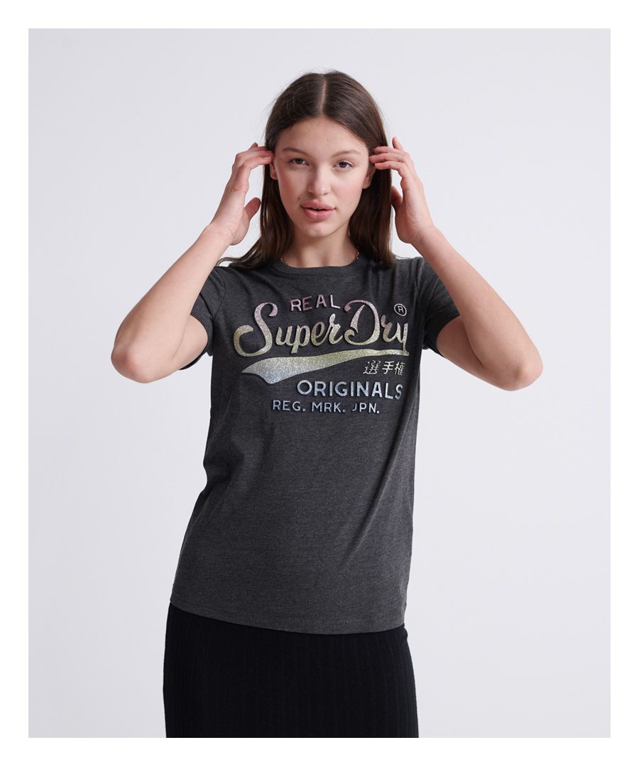 Superdry Womens Real Original Glitter Embossed T-Shirt - Grey Cotton - Size 6 UK