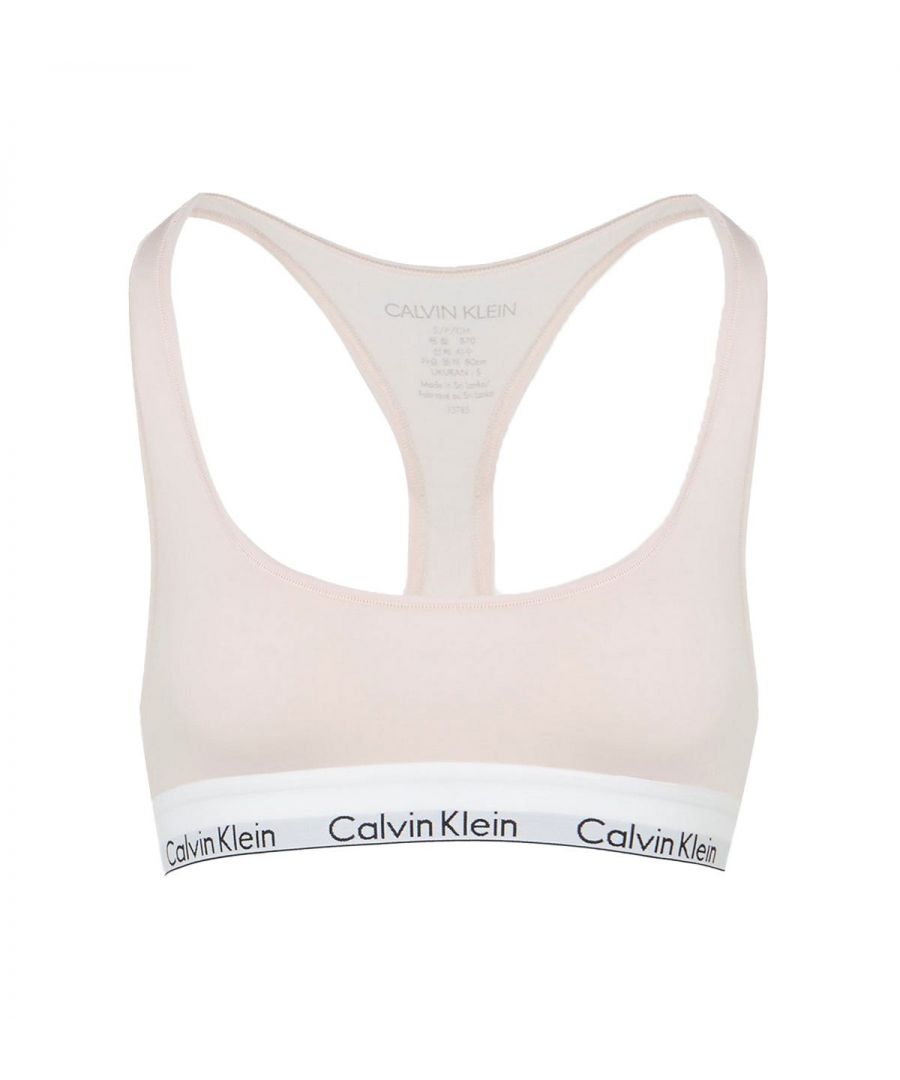 Discover the new Modern Cotton range from Calvin Klein! This bralette is non-wired for additional comfort, yet still strong and supportive, thanks to an elasticated underband. It is also non-padded for a natural look and feel. Offering true freedom in the form of a comfortable and contemporary fit and feel, paired with chic, feminine styling, this beautiful bralette is certainly not one to miss out on!\n\nDesigned to be gentle whilst giving freedom of movement\nCotton modal blend\nNo cups, unlined\nNo padding\nRacerback styling\nSupportive elastic underband\nCALVIN KLEIN signature elastic underband\nComposition: 53% Cotton | 35% Modal | 12% Elastane\nListed in UK sizes
