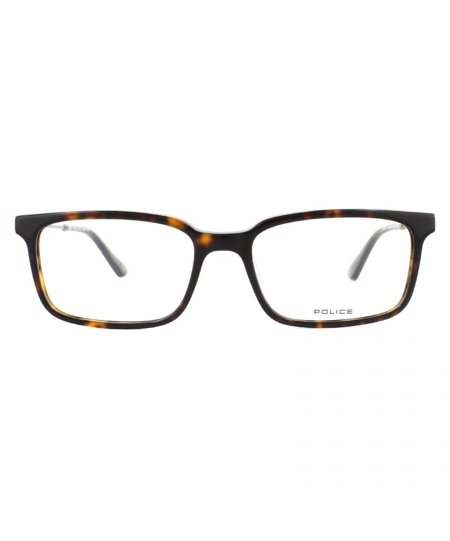 Police Glasses Frames Clint 4 VPL687M 0722 Shiny Havana Men  are a modern style with a rectangular silhouette. They feature slim metal temples and an acetate frame and matching temple tips.