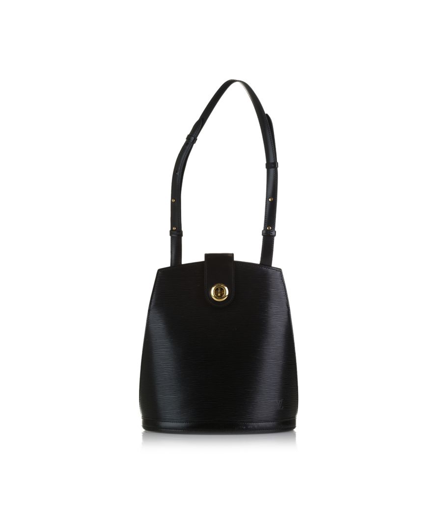 VINTAGE. RRP AS NEW. The Cluny features an epi leather body, an adjustable flat shoulder strap, an open top with strap and turnlock closure, and an interior slip pocket.Exterior Front Discolored, Scratched. Exterior Front stained with Transfer Of Color. Exterior Back Discolored, Worn. Exterior Bottom Scratched, Worn. Exterior Handle Worn. Exterior Corners Worn. Exterior Side Discolored, Worn. Exterior Top Creased, Discolored. Interior Lining Worn. Interior Pocket Worn. Embellishment Rusty/Tarnished, Scratched. Practical Attachment Rusty/Tarnished, Scratched. \n\nDimensions:\nLength 30cm\nWidth 26cm\nDepth 17cm\nShoulder Drop 40cm\n\nOriginal Accessories: This item has no other original accessories.\n\nSerial Number: VI 0944\nColor: Black\nMaterial: Leather x Epi Leather\nCountry of Origin: France\nBoutique Reference: SSU195711K1342\n\n\nProduct Rating: GoodCondition\n\nCertificate of Authenticity is available upon request with no extra fee required. Please contact our customer service team.