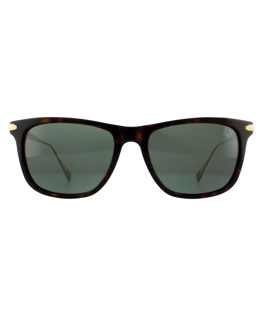 Dunhill Sunglasses SDH018 722P Shiny Dark Havana Green Polarized are a classic wayfarer style but here matched with slim brushed metal temples for a lightweight finish.