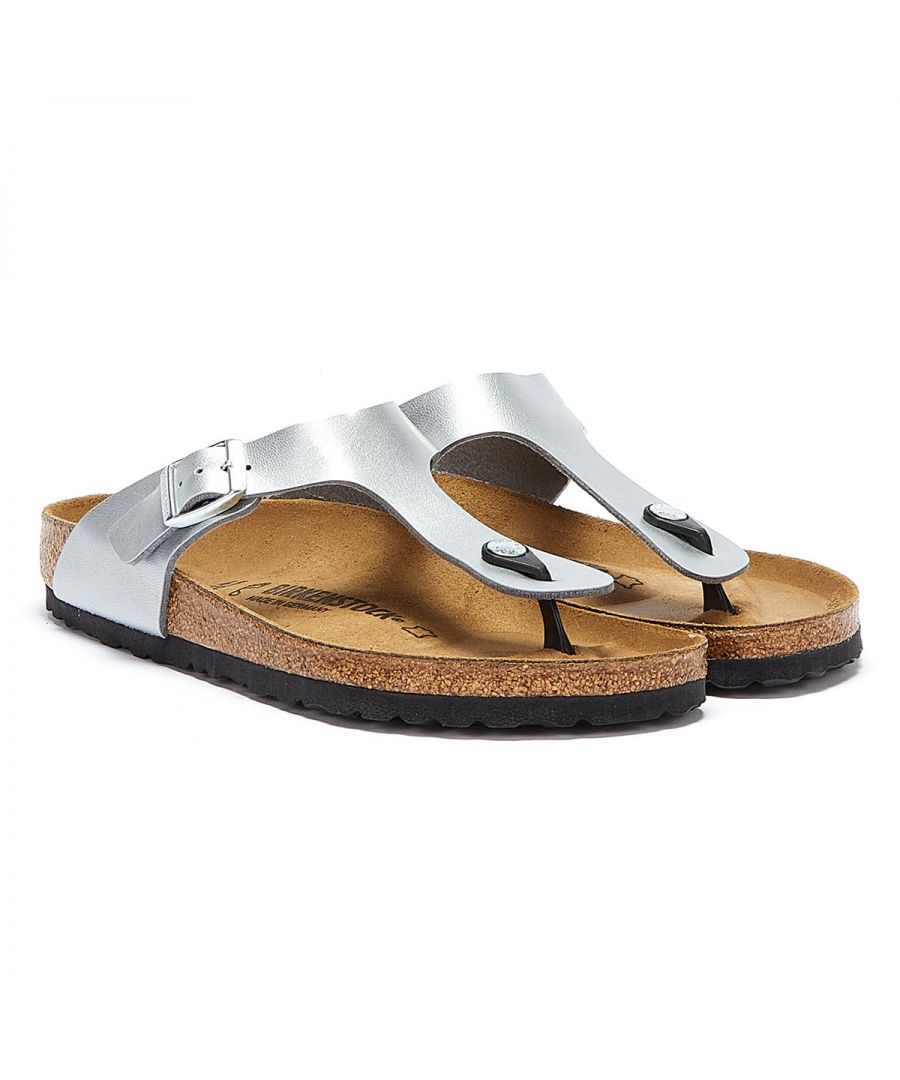 Birkenstock is here to brighten up your life. Birkenstock's have never been trendier and the Gizeh Sandals have a silver leather strap with branded toe post and buckle buckle and a contrasting black sole. The mid sole is mouled leather to keep feet in a comfortable position.