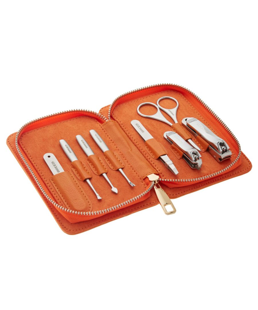 SPECS: 8-piece set, Surgical Stainless steel tools; INCLUDED: Heavy duty zip up travel case, Fingernail clippers, Toenail clippers, Nail file, Nostril + Eyebrow scissors, Peeling Knife, Cuticle Knife, Deadskin Fork, Tweezers