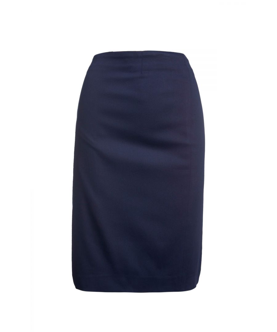 Dark blue pencil skirt in stretch gabardine fabric. Two darts in the front and in the back. Concealed zip fastening in the back. Knee length. Our model is 176cm and is wearing size 36/S. Measurements for size 38/M (in cm): Waist-38, Bottom-46, Body length-60. Accessories are not included. 56%cotton-43%viscose-1%elastan