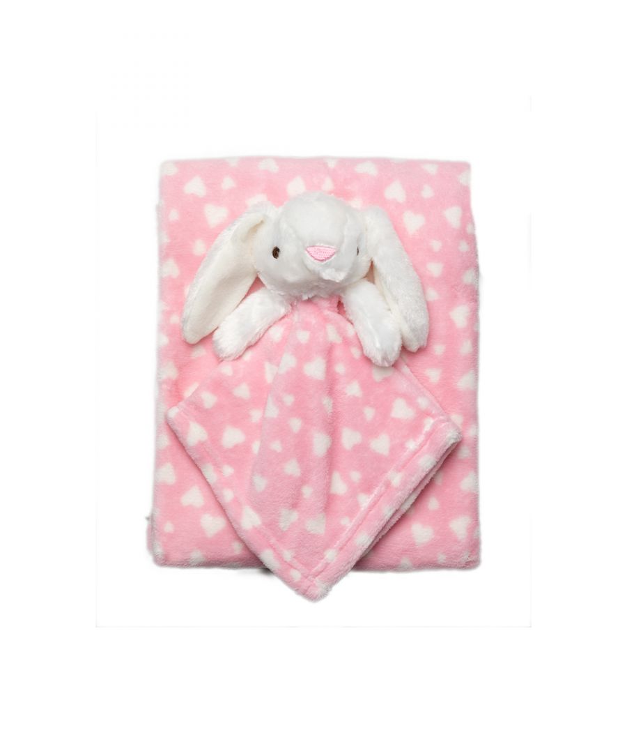 This adorable Snuggle Tots comforter and blanket set make the perfect gift for the little one in your life. The two-piece set features a gorgeous, fluffy blanket with a white heart print all over, and a comforter with the same print with a cuddly bunny toy attached. This set makes a lovely baby shower present.