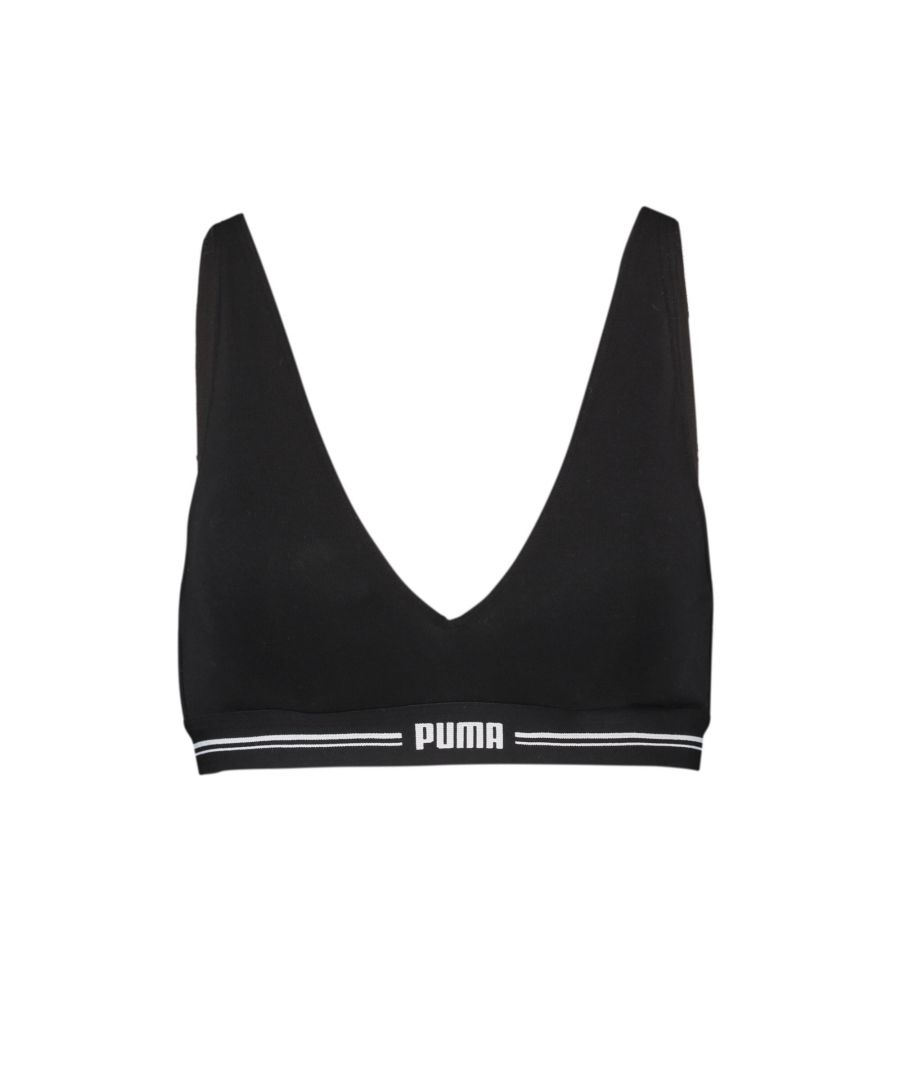 PRODUCT STORY This v-neck top has removable padded cups and a soft elastic band for all-day comfort. DETAILS : Removable padded cups Triple hook-and-eye closure PUMA branding details